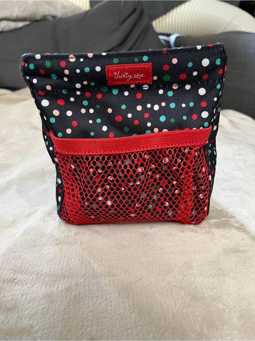 thirty-one Black Polka Dot Desktop Organizer with Red Mesh Pocket